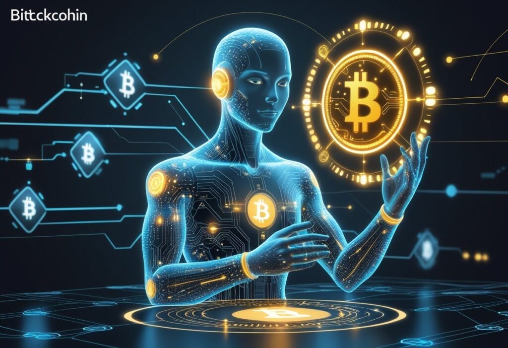 A glowing humanoid AI figure holding a holographic Bitcoin symbol surrounded by floating data streams and interconnected blockchain nodes.