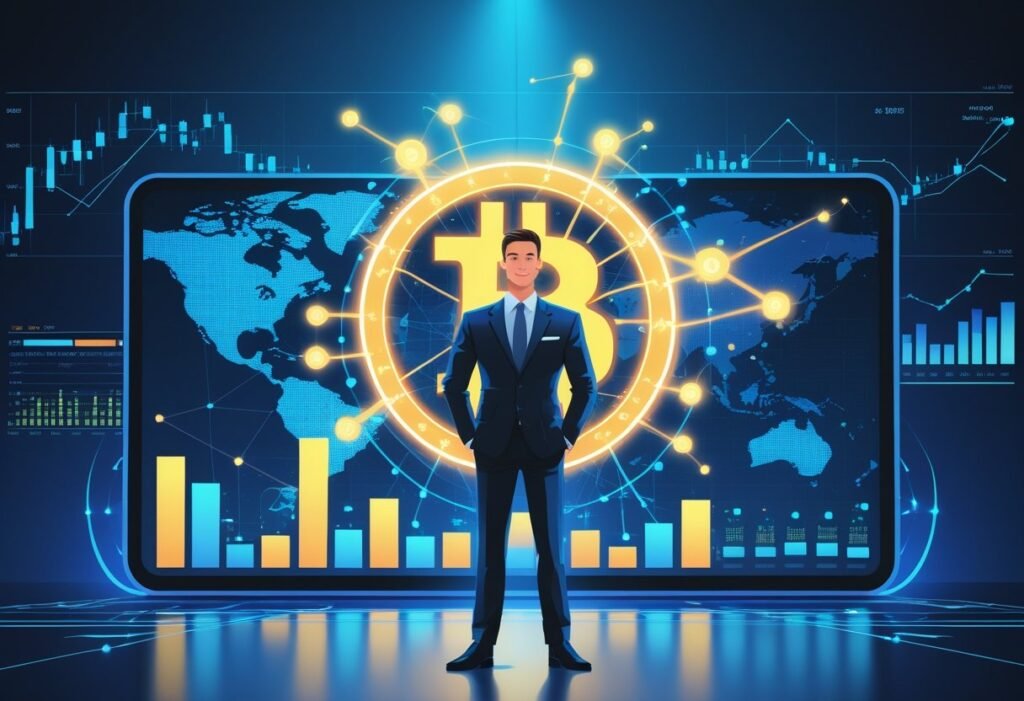 A business professional stands confidently in front of a glowing Bitcoin symbol and blockchain network with financial charts in the background.