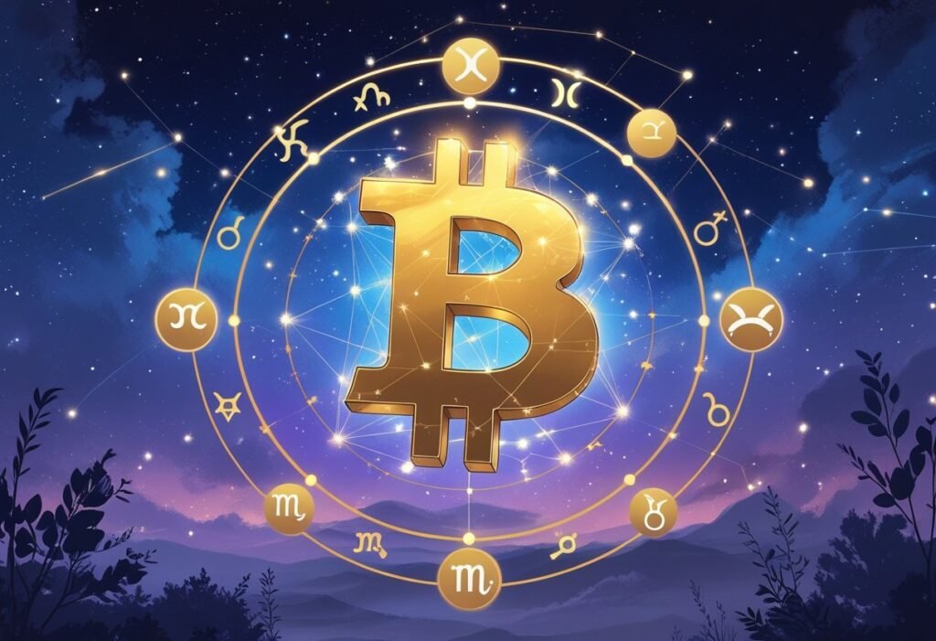 A glowing bitcoin symbol surrounded by zodiac signs and constellations against a starry night sky.