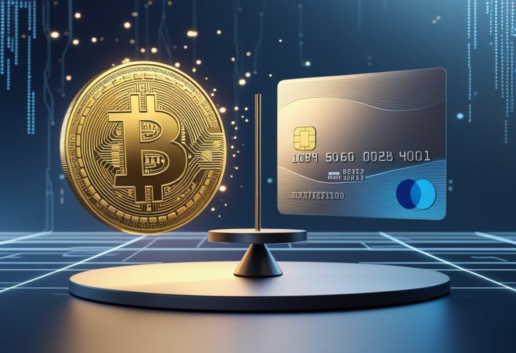 A digital illustration showing a glowing bitcoin coin on one side and a modern credit card on the other, separated by a balanced scale.