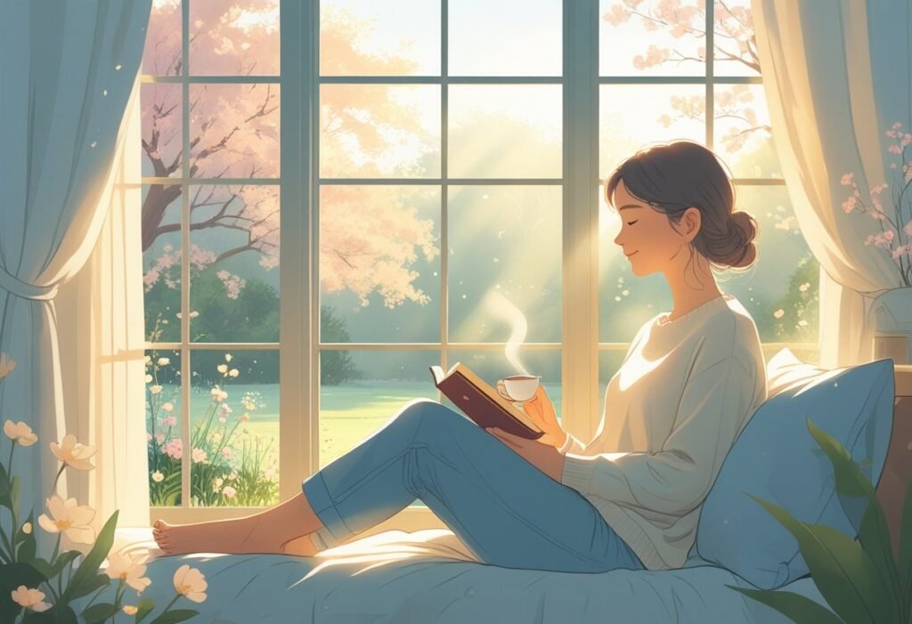 A person sitting peacefully by a window in a cozy room, reading a book and enjoying a cup of tea, with a calm garden outside.