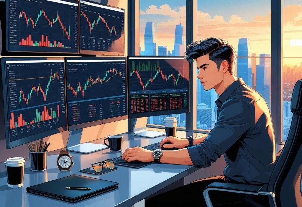 A young man working at a desk with multiple computer screens showing financial charts, with a city skyline visible through a large window behind him.