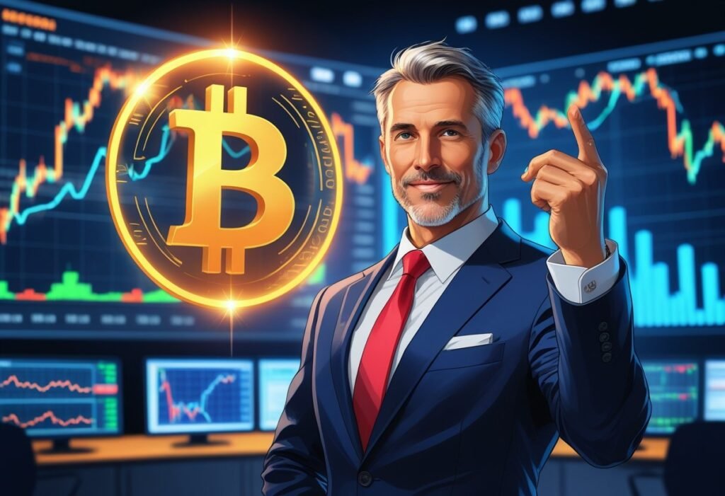 A man in a suit stands in front of a digital screen showing a glowing Bitcoin symbol and financial charts.