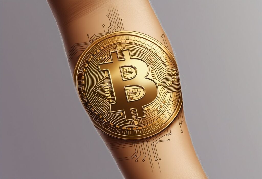 A forearm with a detailed tattoo of the Bitcoin symbol surrounded by circuit-like patterns.