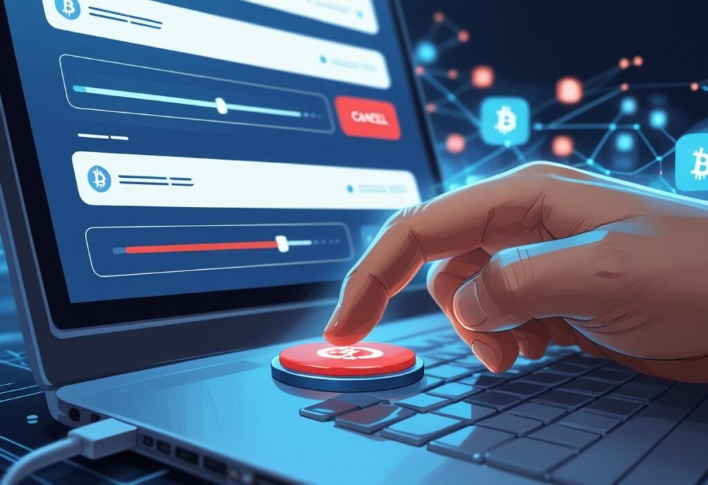 A hand about to press a cancel button on a computer screen showing a Bitcoin transaction in progress with blockchain elements in the background.