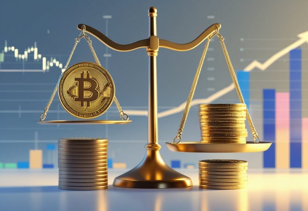 A balanced scale weighing a gold Bitcoin coin against digital market data symbols, with a financial chart in the background.