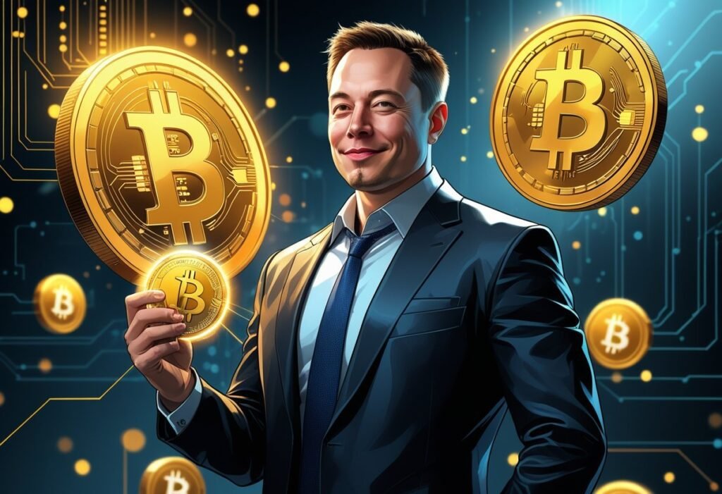 A businessman resembling Elon Musk holding a glowing Bitcoin hologram with floating Bitcoin symbols and a high-tech digital background.