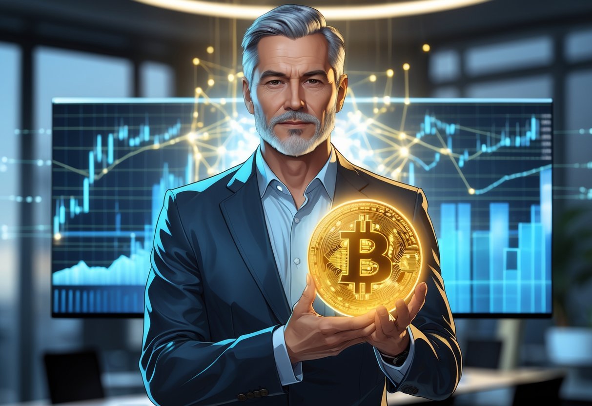 A man in a business suit holding a glowing Bitcoin coin in a modern office with digital blockchain graphics in the background.