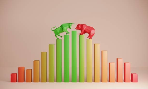 A bull and bear standing face to face on the volatile bar graph. (3d render)
